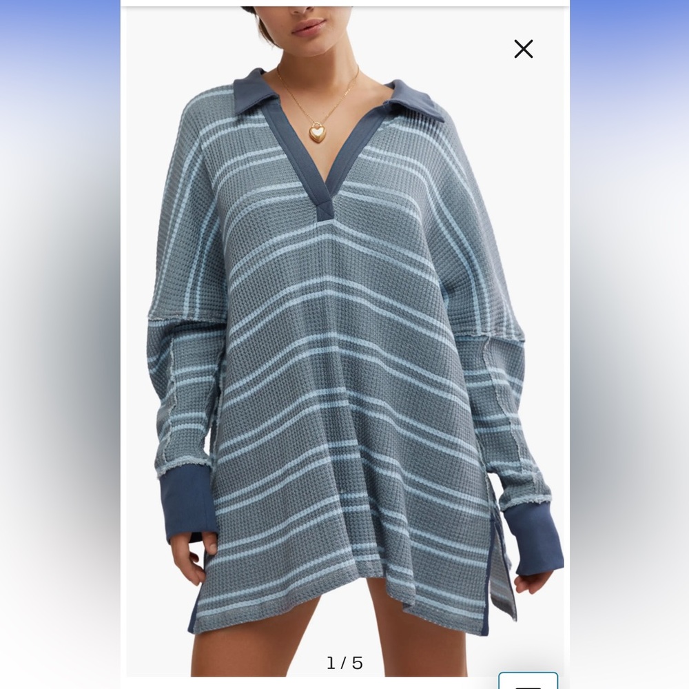 EUC We The Free Stripe Long Sleeve Stretch Cotton Waffle Knit Tunic Top